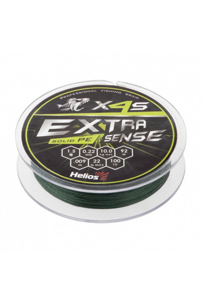 Шнур плетеный Helios Extrasense X4S PE 1.5/22LB 0,22мм 92м Green HS-ES-X4S-1.5/22LB