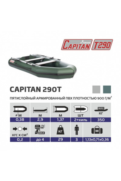 Лодка ПВХ под мотор Тонар Капитан Т290 (зеленая)