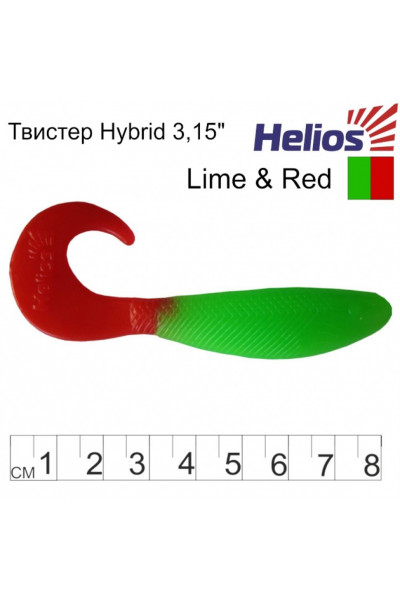 Твистер Helios Hybrid 3,15/8,0 см, цвет Lime & Red 7 шт HS-14-021